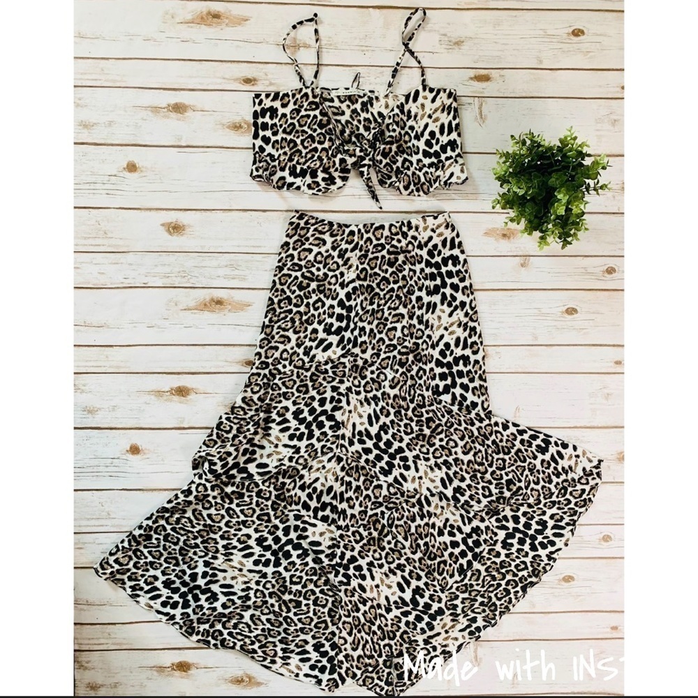 O. Vianca Leopard Tie Front Top and Ruffle Skirt